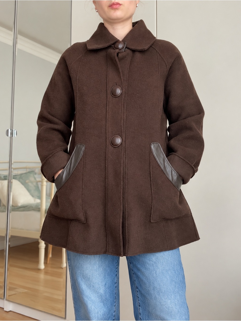 Jones New York Dark Brown Wool-Blend Pea Coat with Leather-Trim Pockets